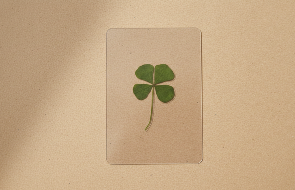 Blister transparent contenant un trèfle à quatre feuilles séché, format carte d'identité