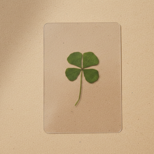Blister transparent contenant un trèfle à quatre feuilles séché, format carte d'identité