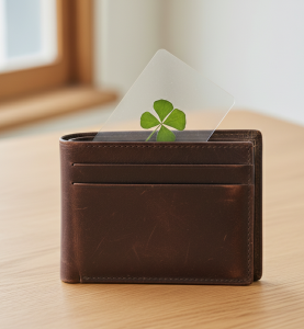 Blister de trèfle à quatre feuilles tenu en main devant une fenêtre