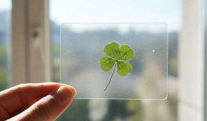 Blister de trèfle à quatre feuilles collé sur une vitre, à contre-jour