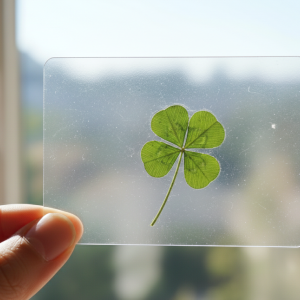 Blister de trèfle à quatre feuilles collé sur une vitre, à contre-jour